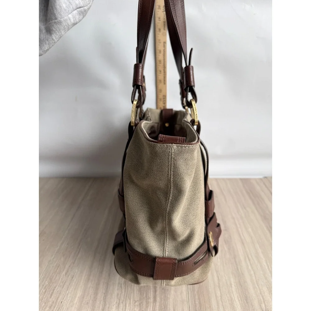 Vintage Michael Kors Canvas Leather Harness Tote Bag Beige Brown Boho Equestrian - Picture 5 of 12